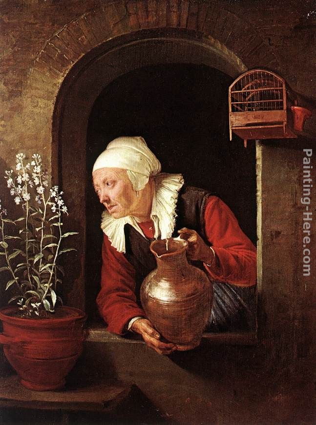 Old Woman Watering Flowers painting - Gerrit Dou Old Woman Watering Flowers art painting